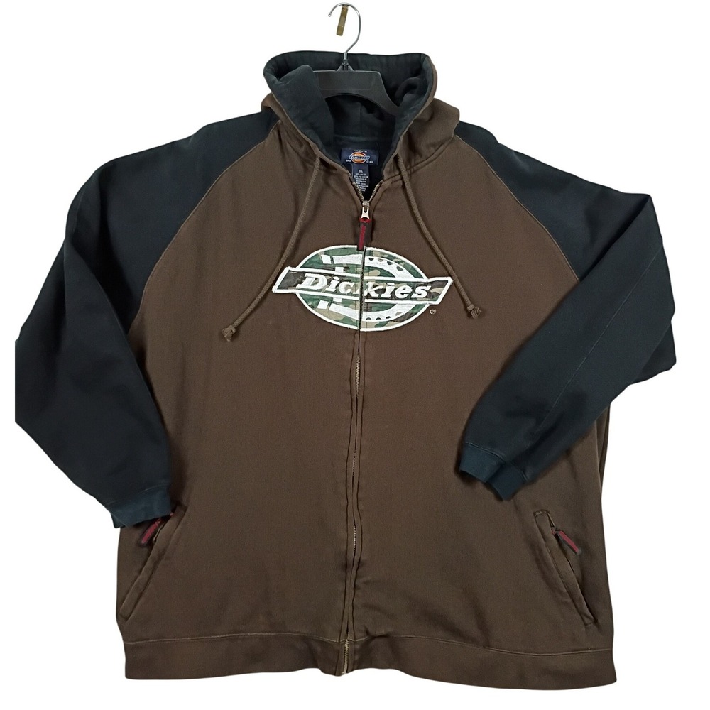 Dickies Hoodie Full Zip Brown Mens 2XL Heavyweight Camo Logo Workwear Sweatshirt